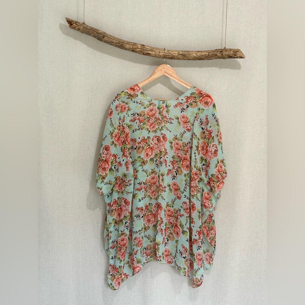 Lightweight Floral Open-Front Kimono in Mint with Pink Roses - Picture 3 of 4